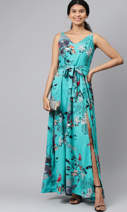 Turquoise Blue & Black Floral Print Maxi Dress