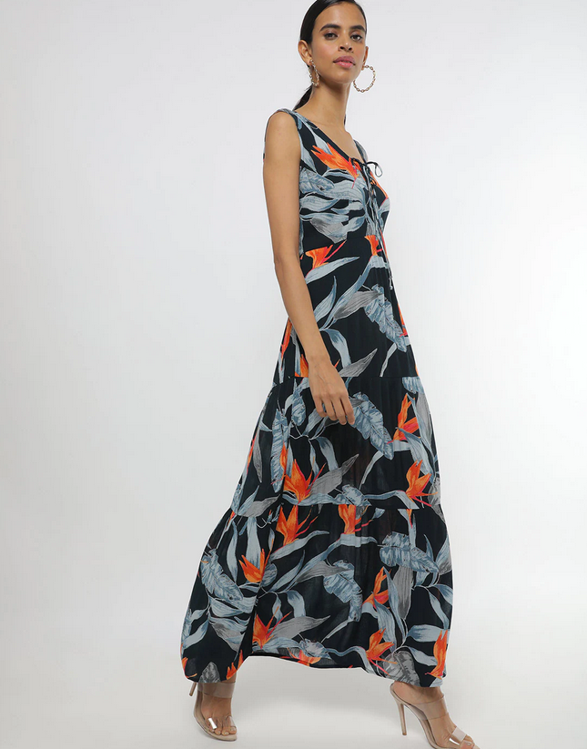 Printed Maxi Dress with Criss-Cross Tie-Up