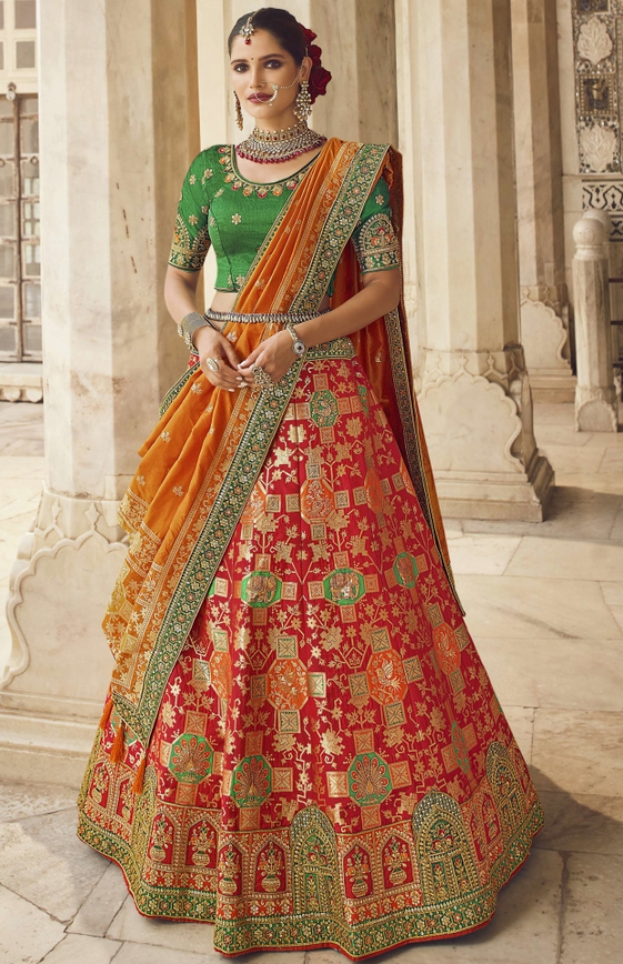Red Silk Traditional All Over Woven Lehenga