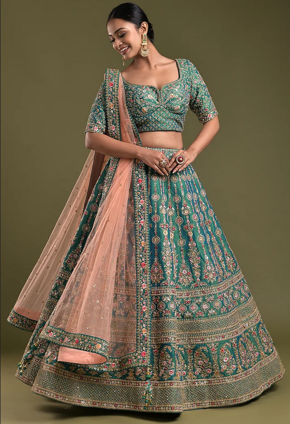 Teal Green Sequins Embroidered Raw Silk Lehenga