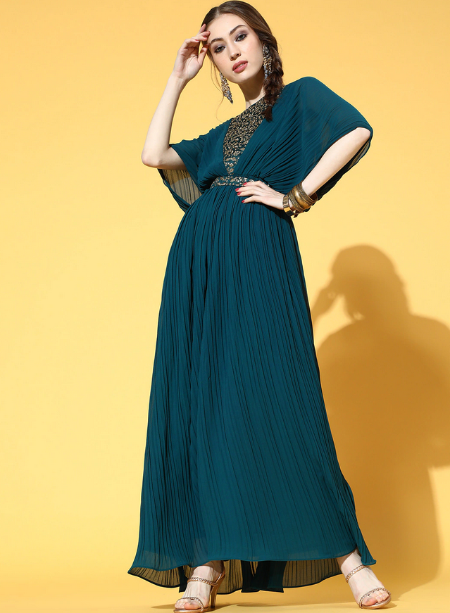 Teal Blue Yoke Design Accordion Pleated Gown