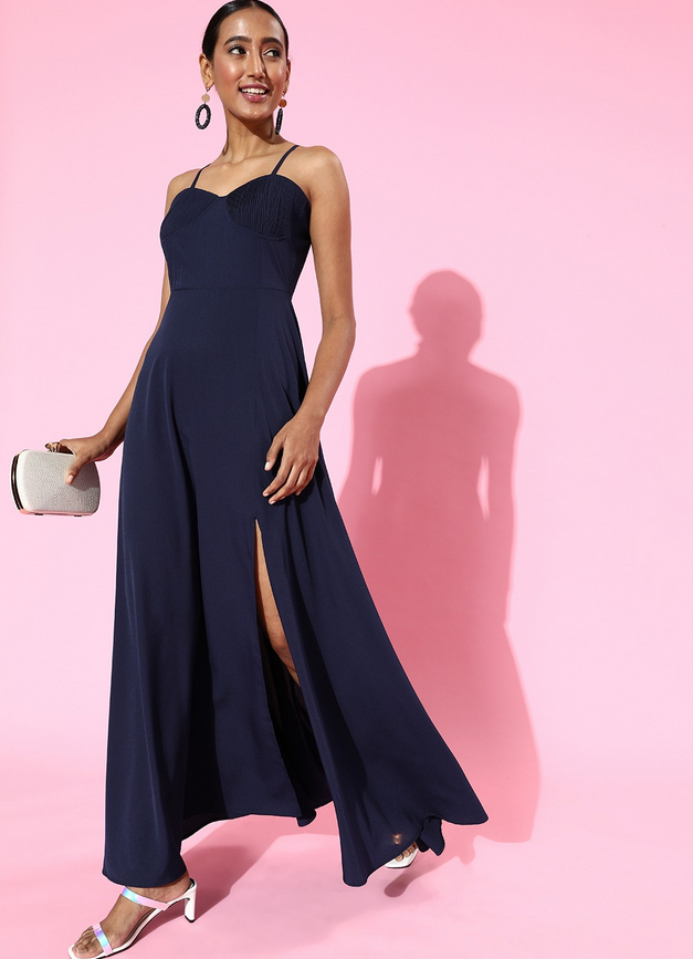 Deep Navy Blue Solid Sweetheart Neck Gown