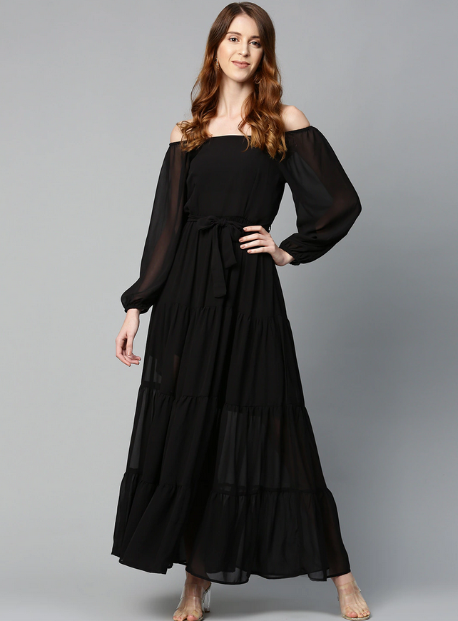Black Semi-Sheer Off-Shoulder Tiered Dress