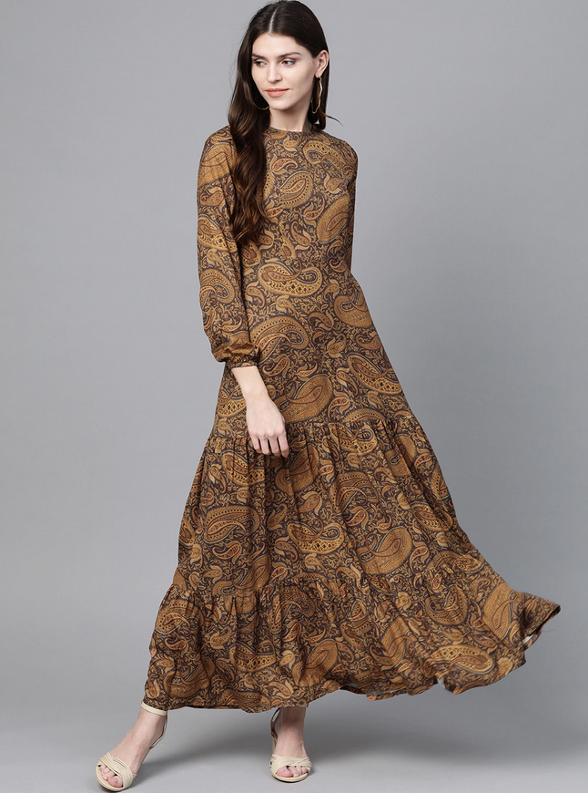 Brown & Black Paisley Print Tiered Dress