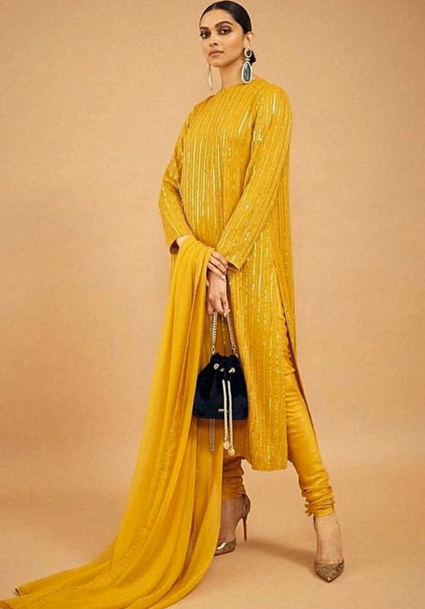 Mustard Sequin Zari Floor Length Churidar Suit Set