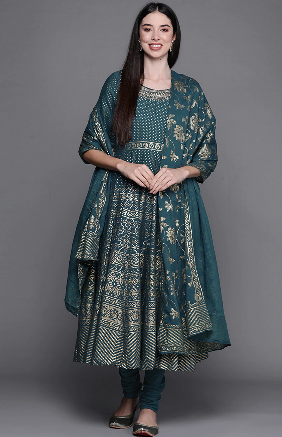 Teal Green & Golden Ethnic Printed Churidar dress