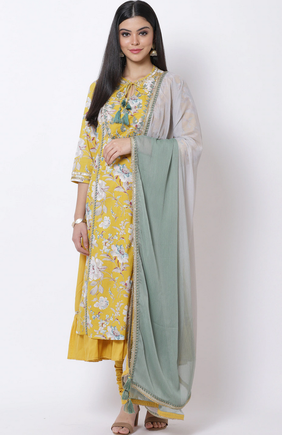 Yellow & Grey Printed Kurta Churidar dress