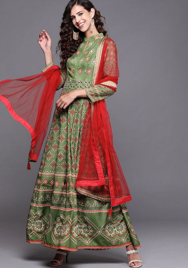 Green & Red Ethnic Printed churidar set