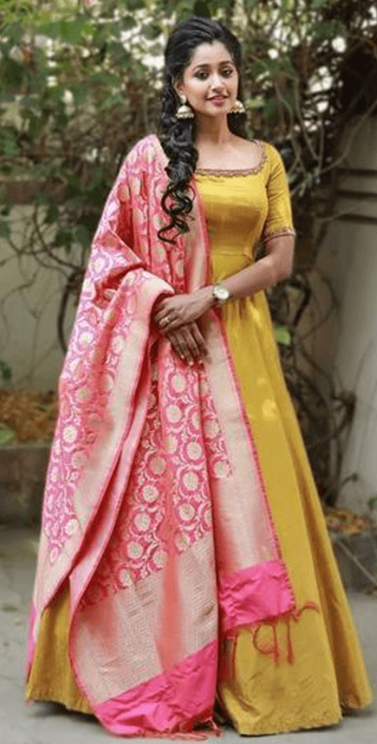 Yellow Color Anarkali Gown With Banarasi Dupatta