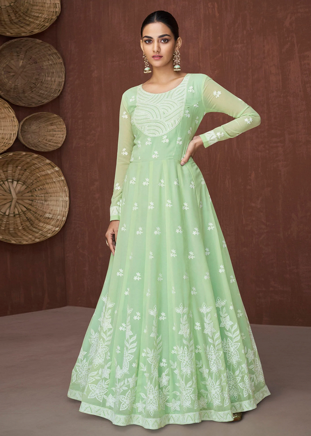Pista Green Party Wear Heavy Embroidered Georgette Gown
