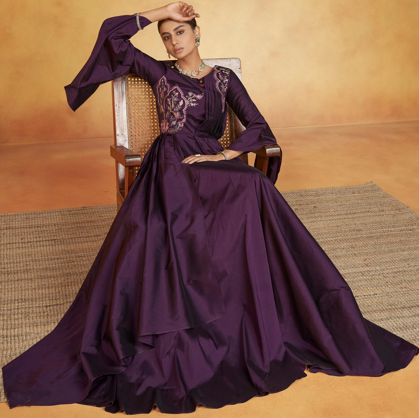 Purple Party Wear Embroidered Tapetta Gown