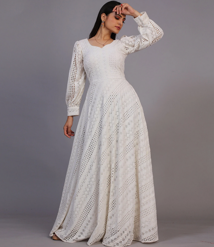 White Lucknowi Rayon Gown