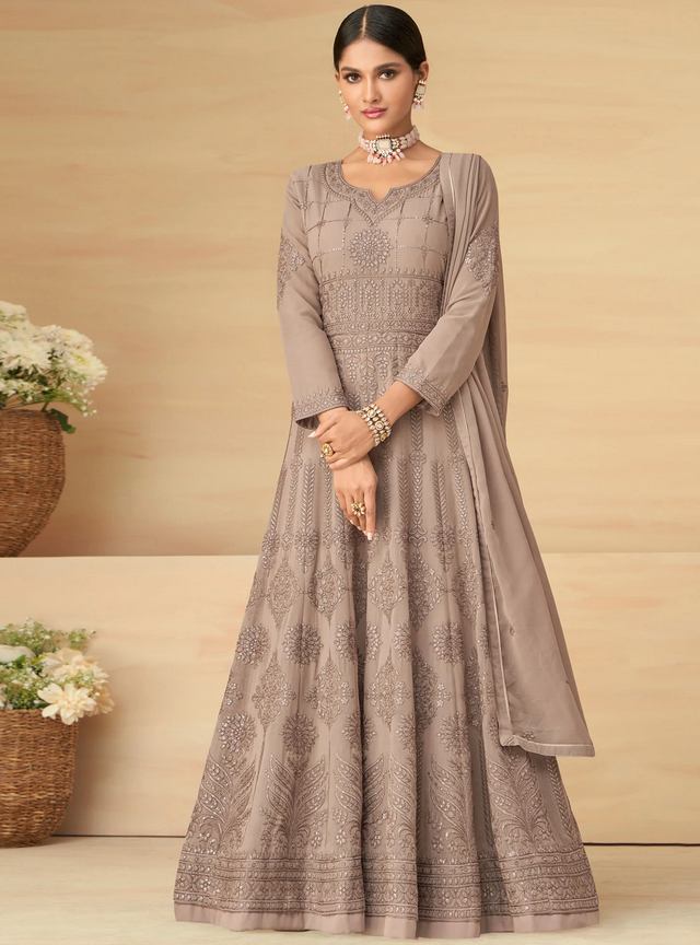 Coffee Embroidery With Embellished Work Georgette Partywear Gown
