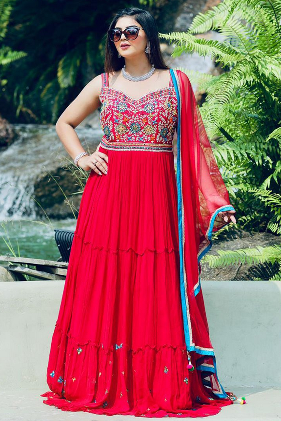 Red Color Georgette Fabric Mirror Work Gown