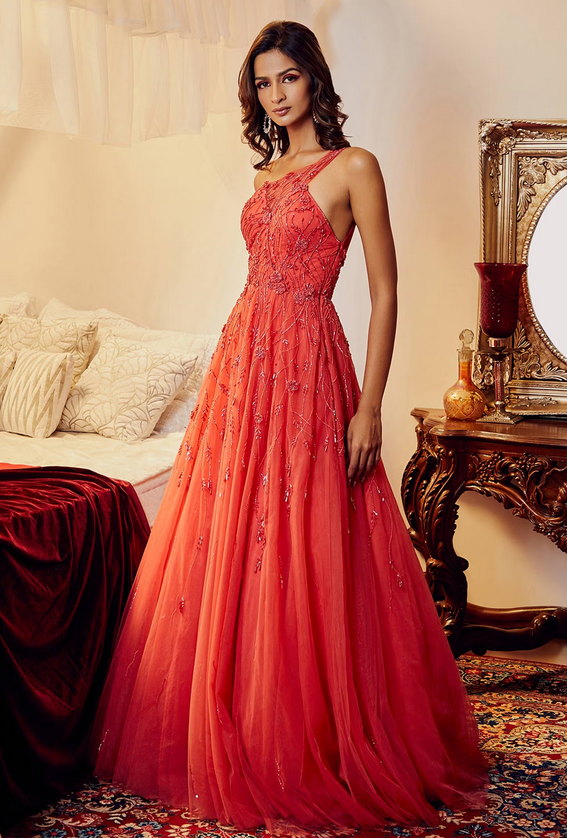 Red Net Embellished Gown
