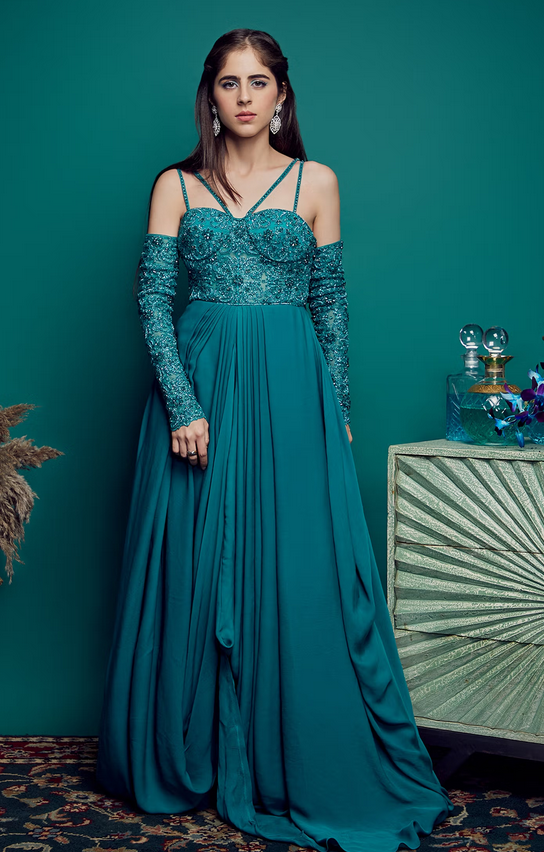 Green Net Embellished Gown 