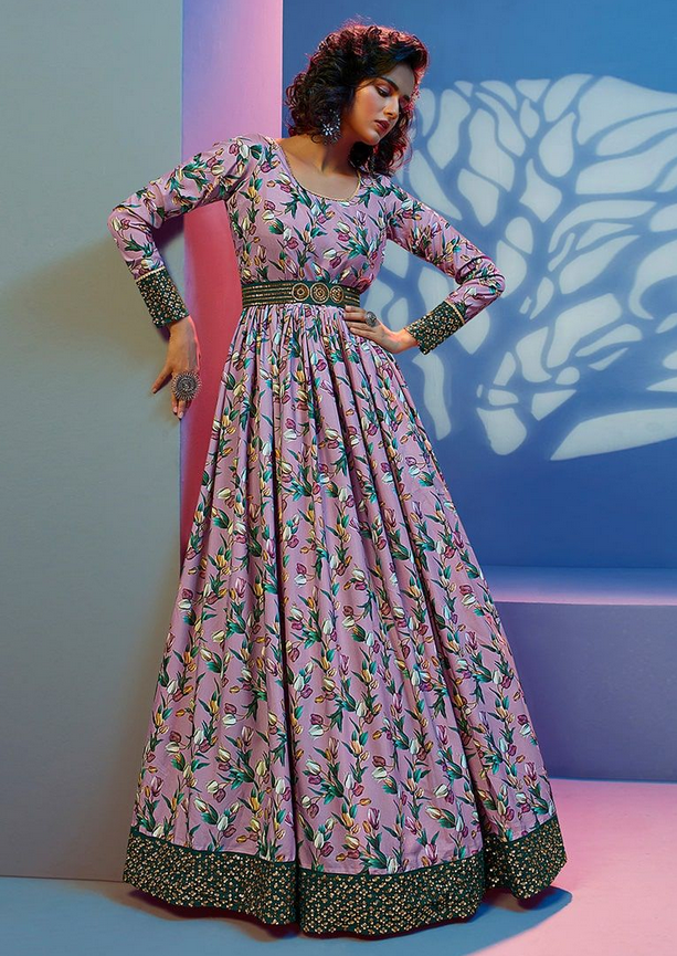 Full Sleeves lavender Floral Gown With Fancy Sequins Work Belt
