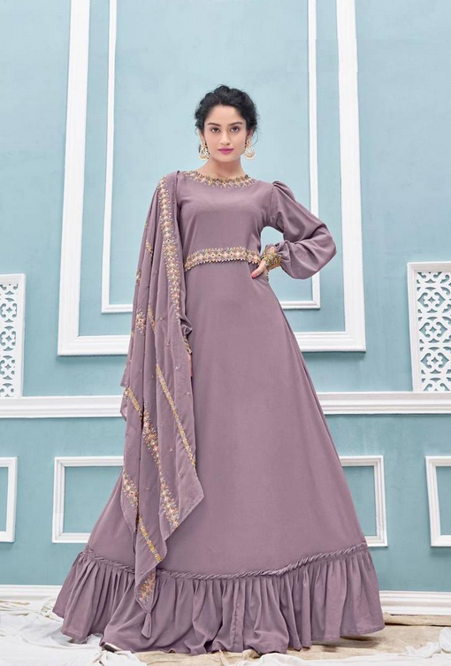 Saahmriga purple color embroidered faux georgette semi stitched gown with dupatta