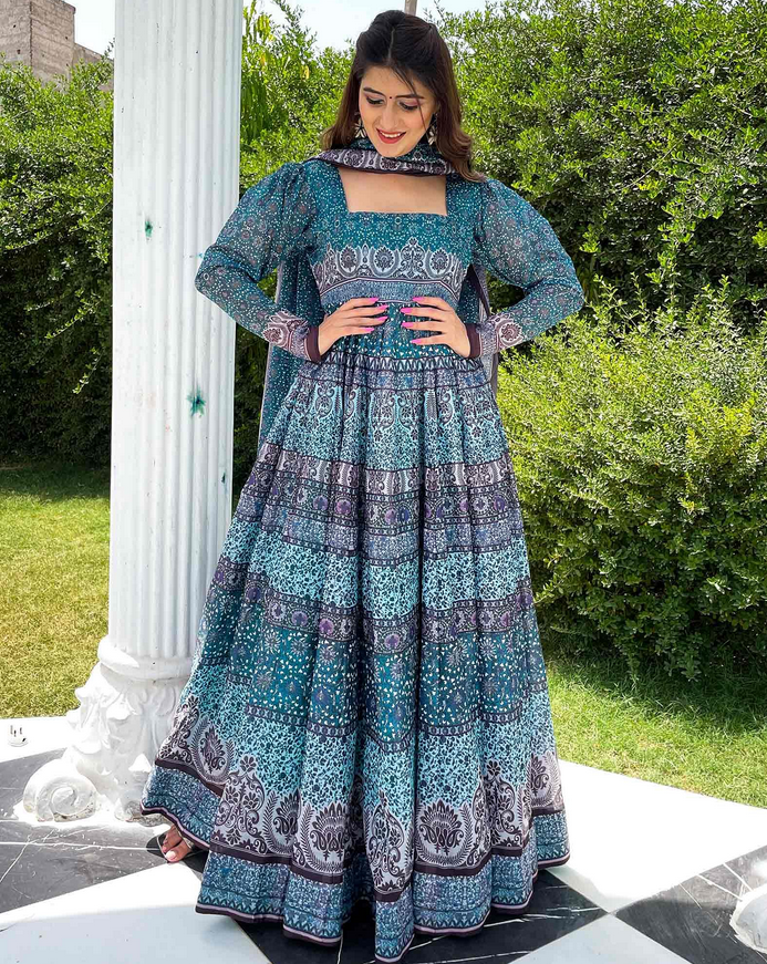 Sky Blue Partywear Digital Printed Chanderi Gown