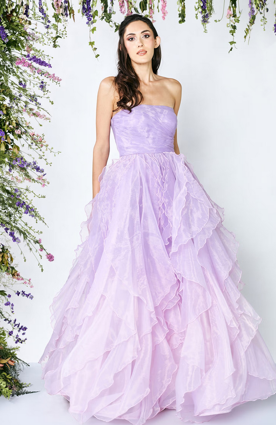 Purple Silk Organza Bandeau Flared Gown