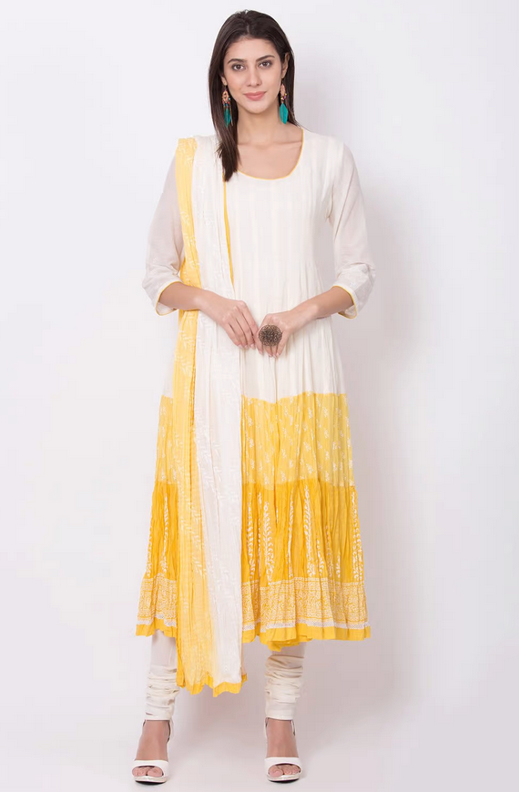 Yellow Cotton Flared frock Suit