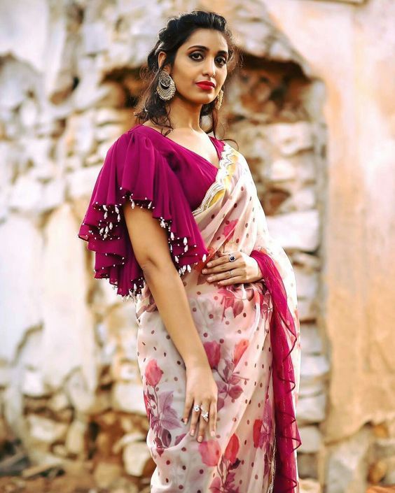 Buy Multi Color Floral Printed Saree With Stripe Printed Blouse by Designer  VARUN BAHL Online at Ogaan.com