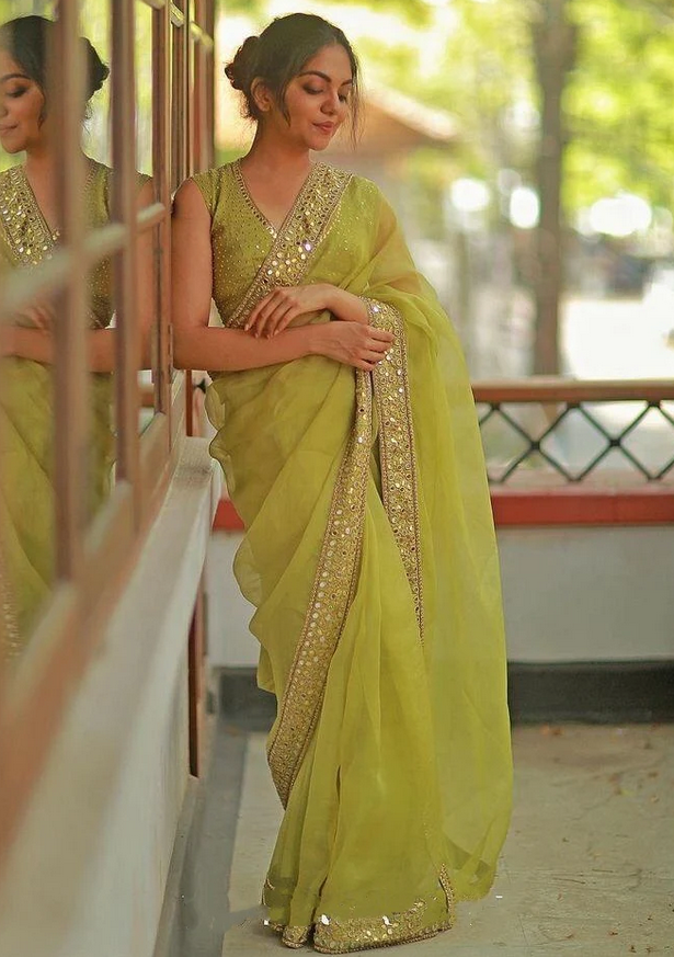 Peach Colored Organza Saree With Embroidery Work and Mirror Work on Saree  and Blouse Piece
