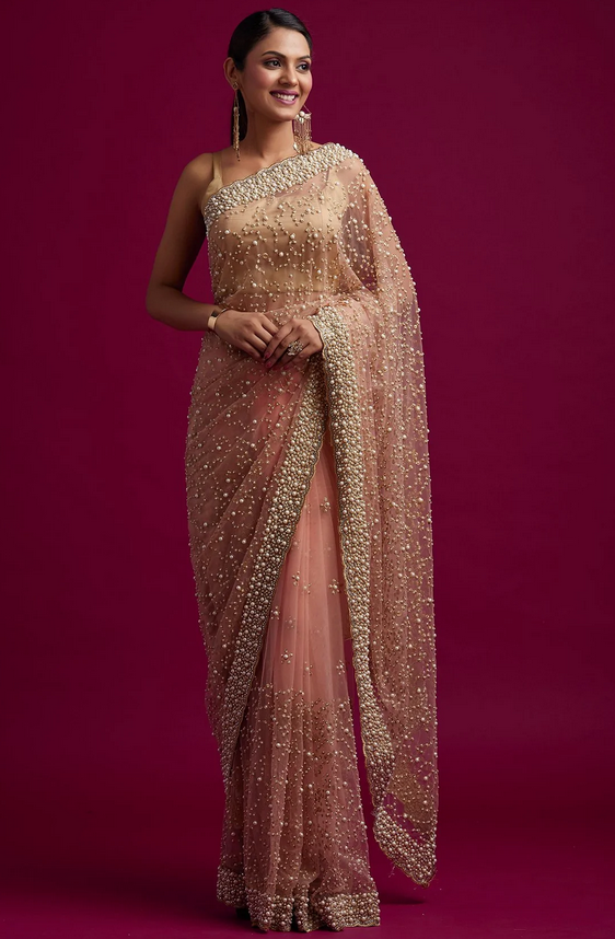 Pink Pearlwork Net Designer Saree