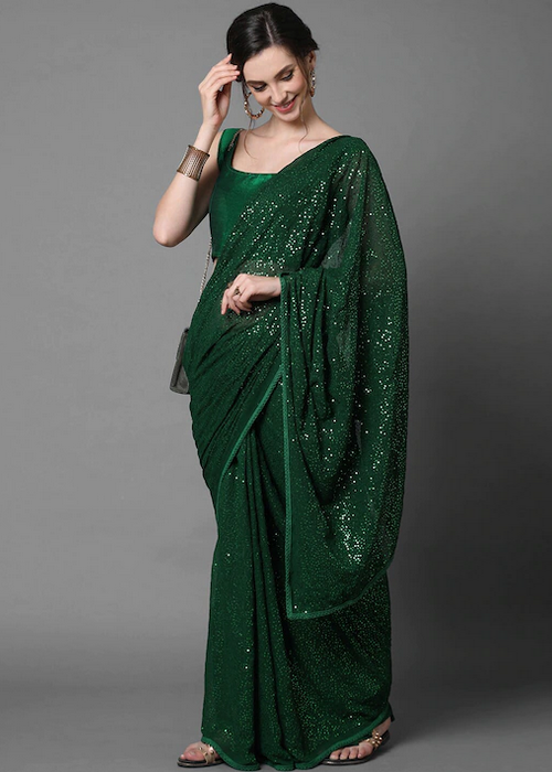 Green & White Embellished Sequinned Saree