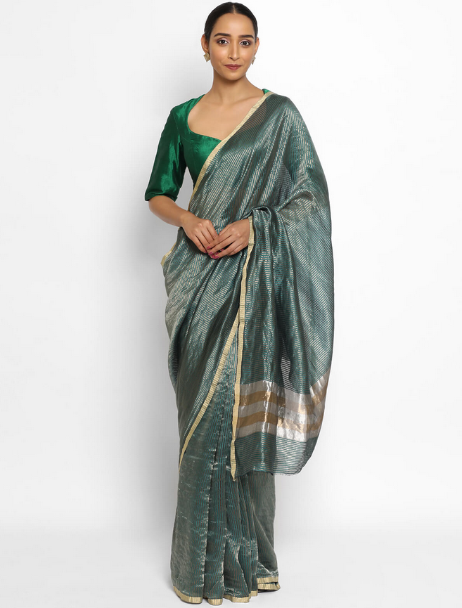 Blue Chiniya Silk Saree with Golden Zari Stripes