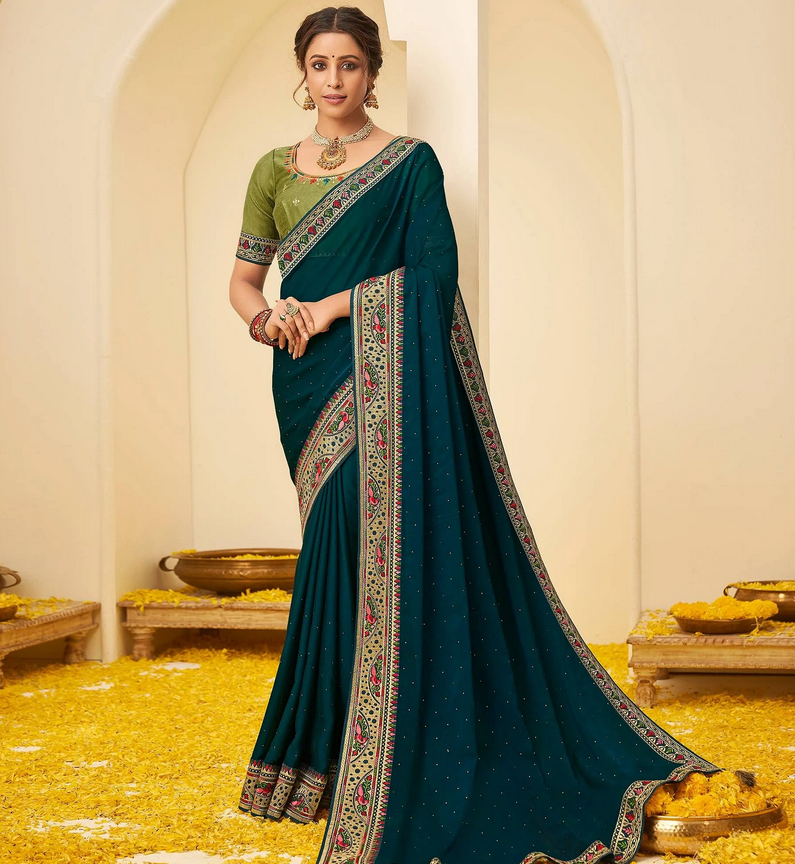 Teal Blue Festive Wear Embellished Chiffon Saree With Heavy Lace