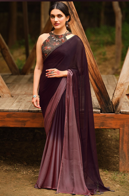 Sequins Embroidered Chiffon Saree & Blouse In Purple