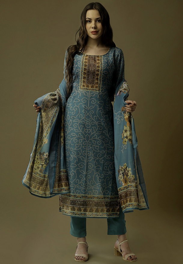 Turquoise Maheshwari Silk Printed Straight Pant Suit Work Wear