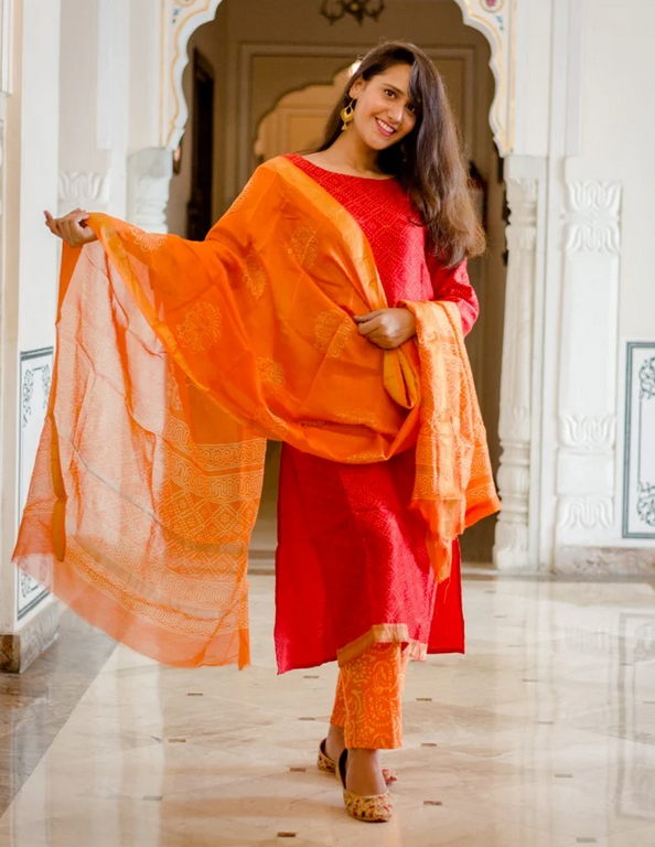 Maheshwari Silk Suit in Red and Orange