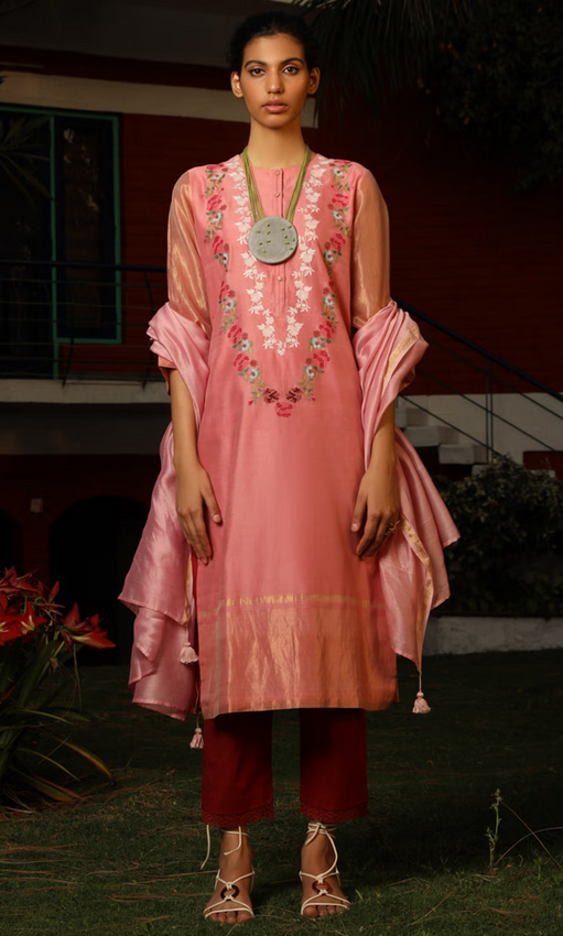 Pink Silk Maheshwari Kurta Set