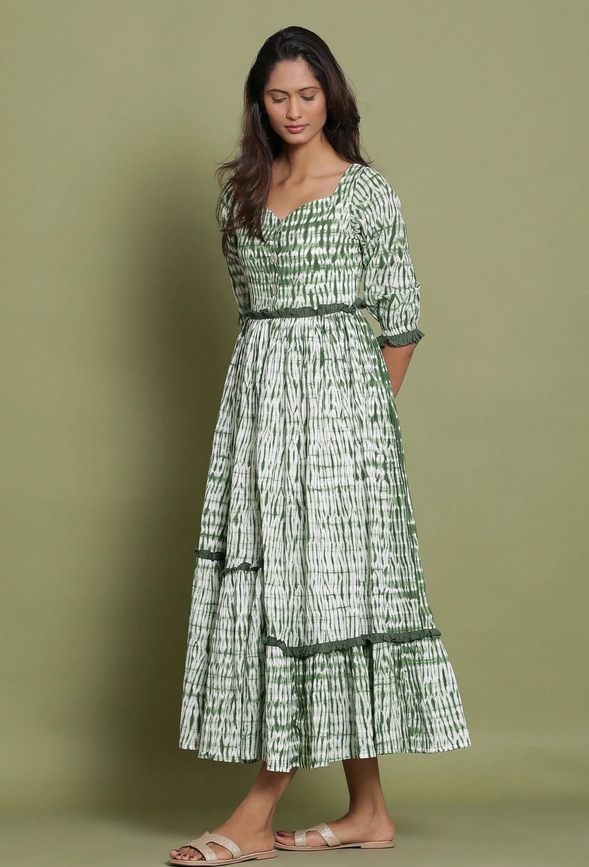 Green Shibori Asymmetrical Tier Maxi Dress 