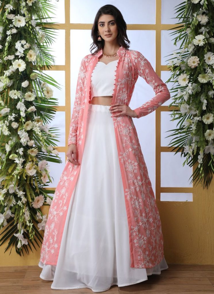 WHITE GEORGETTE LEHENGA WITH EMBROIDERED JACKET
