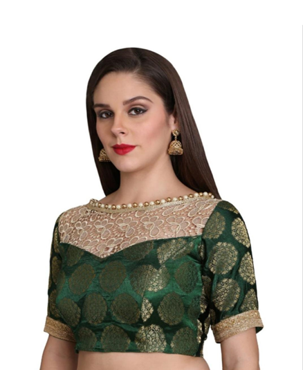 Sheer Or Net Neckline brocade saree blouse Design 