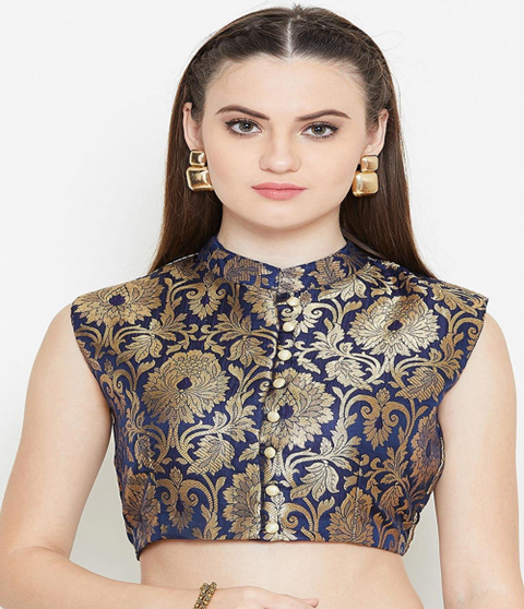 Sleeveless With Collar Neckline  brocade saree blouse designs