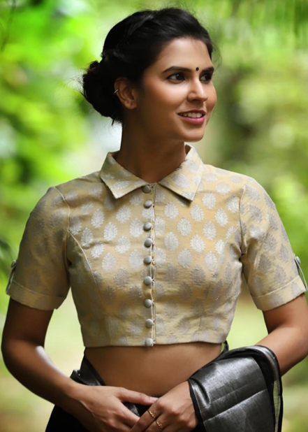 Shirt Style Collar Neck Pattern brocade saree blouse designs