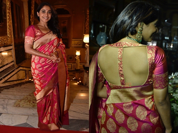 Cut-out banarasi saree  Blouse designs With Brocade Strap