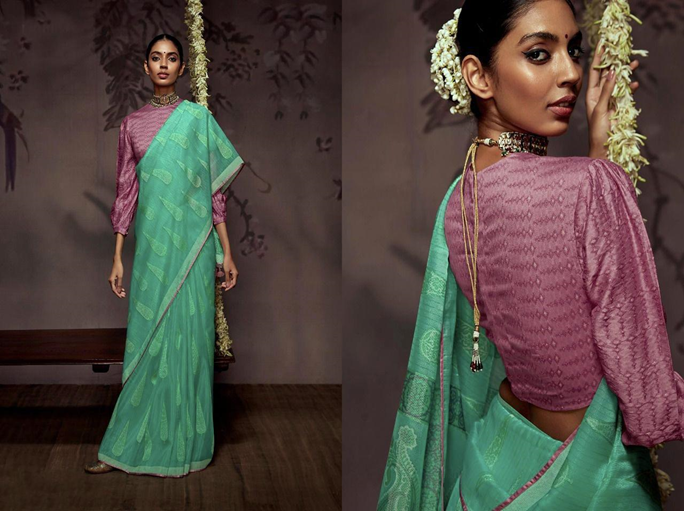 puffy sleeves brasso saree blouse designs