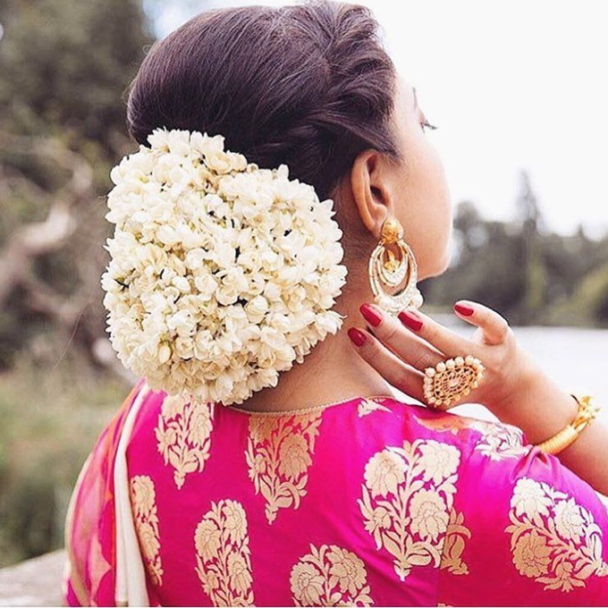 jasmine bun hairstyles for saree