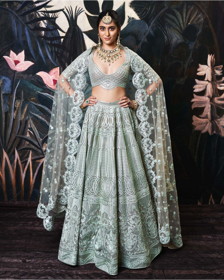 LIGHT BROWN WITH SILVER FOIL LEHENGA