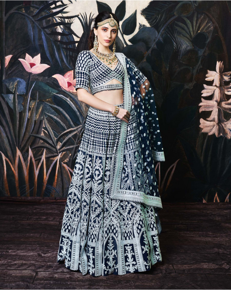 BLUE LEHENGA WITH SILVER FOIL WORK
