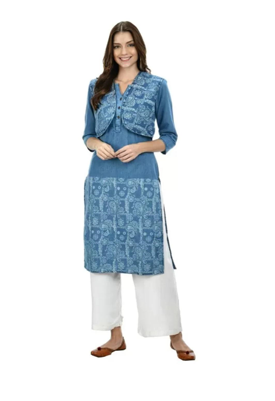 HOW TO STYLE KURTI IN WINTER
Denim Kurti With Embroidered Denim Jacket 
