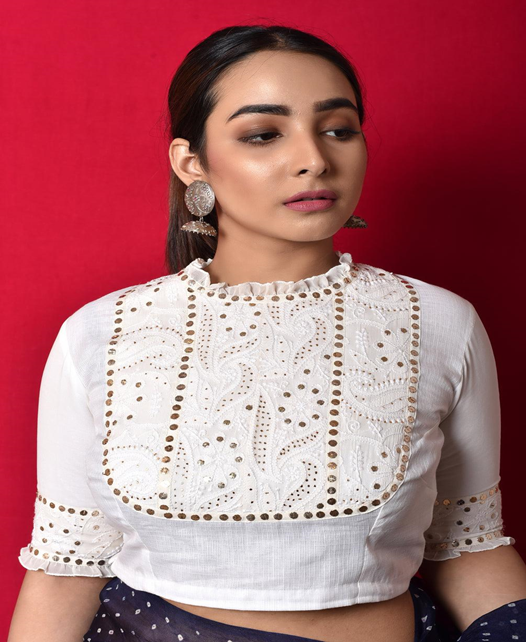 chikankari saree blouse designs
Classic White Chikankari Mukaish Blouse 