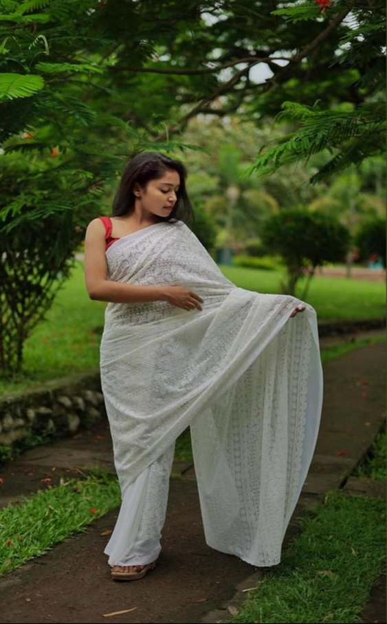 chikankari saree blouse designs
Contrasting Strappy Blouse 