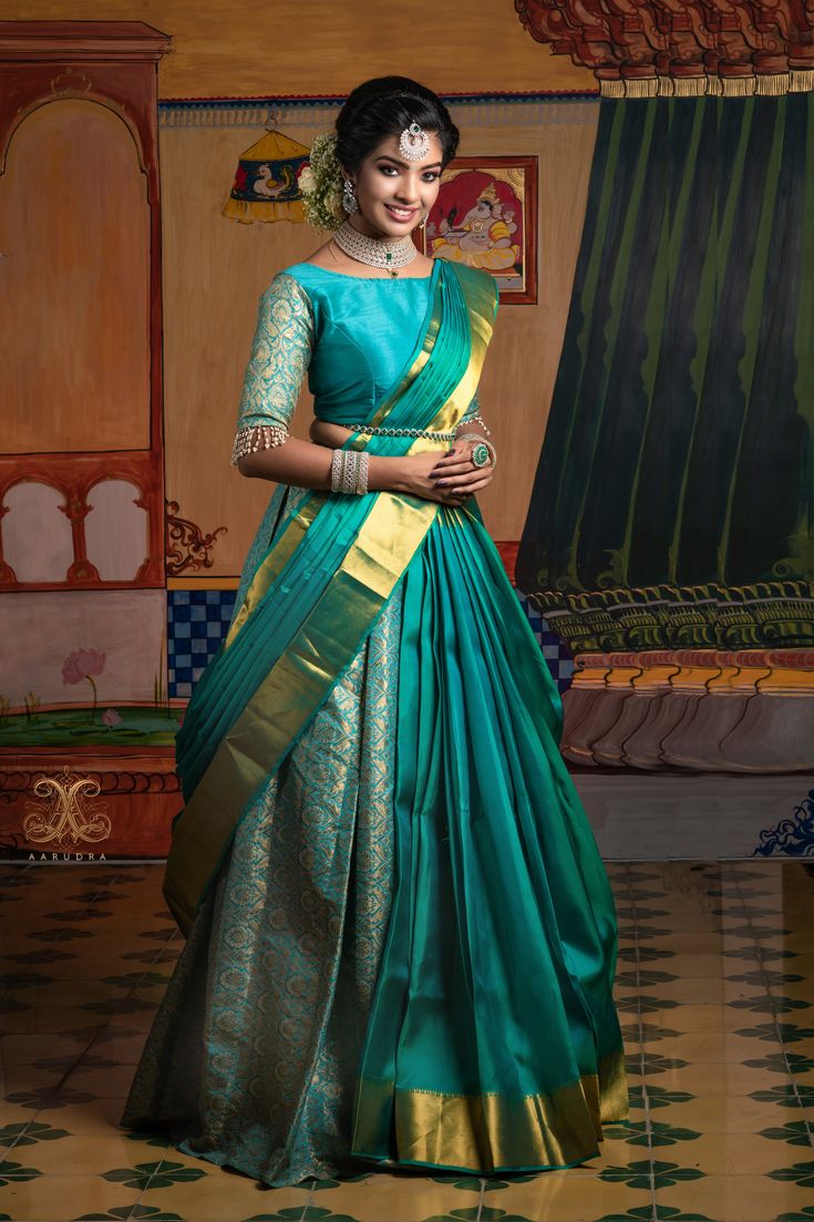 Navya Designs Multicolor Dhavani Kanjivaram Silk Jari Half Lehenga Saree