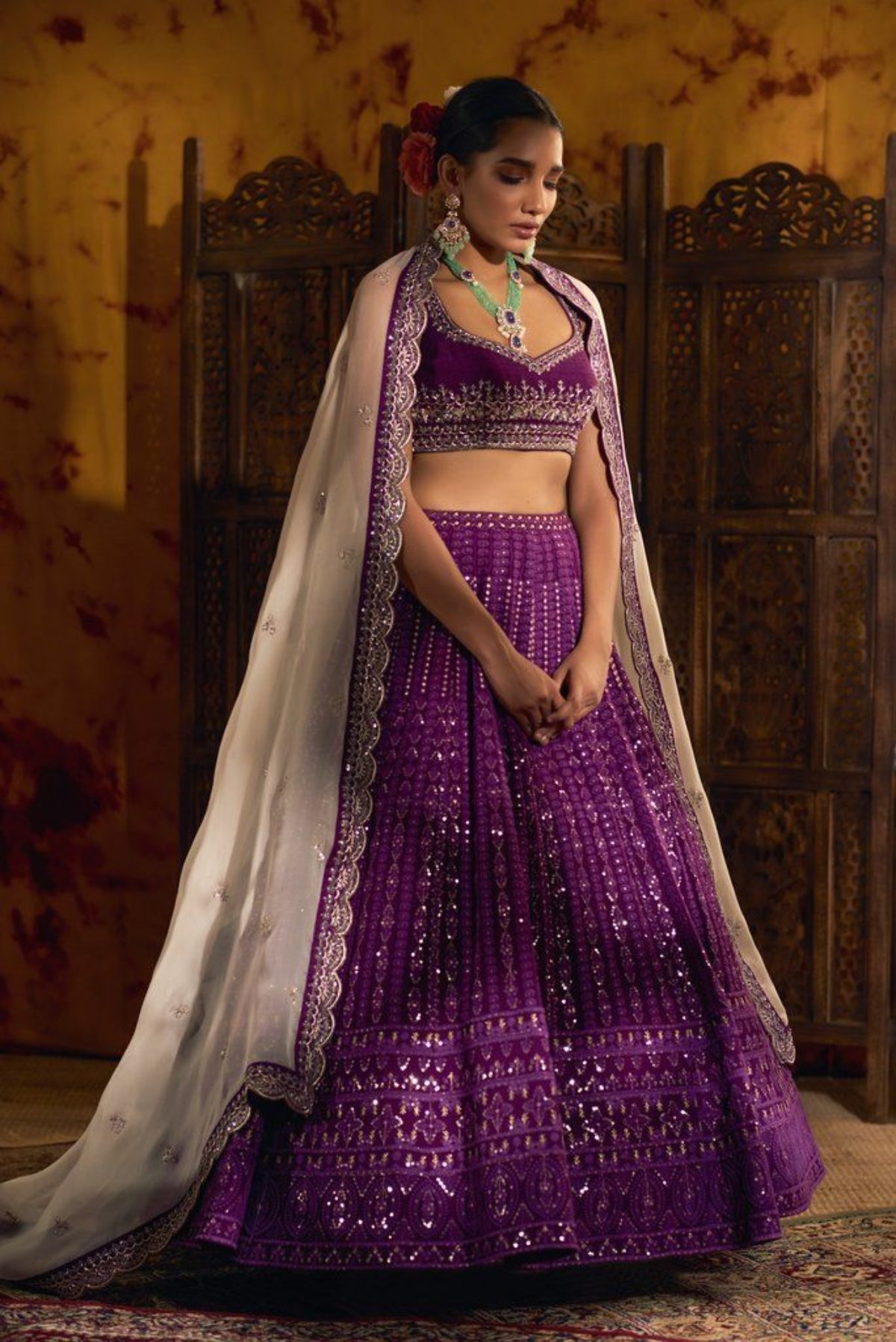 Georgette Stitched Heavy Bridal Lehenga With Chikan Embroidery And Mukaish  Work